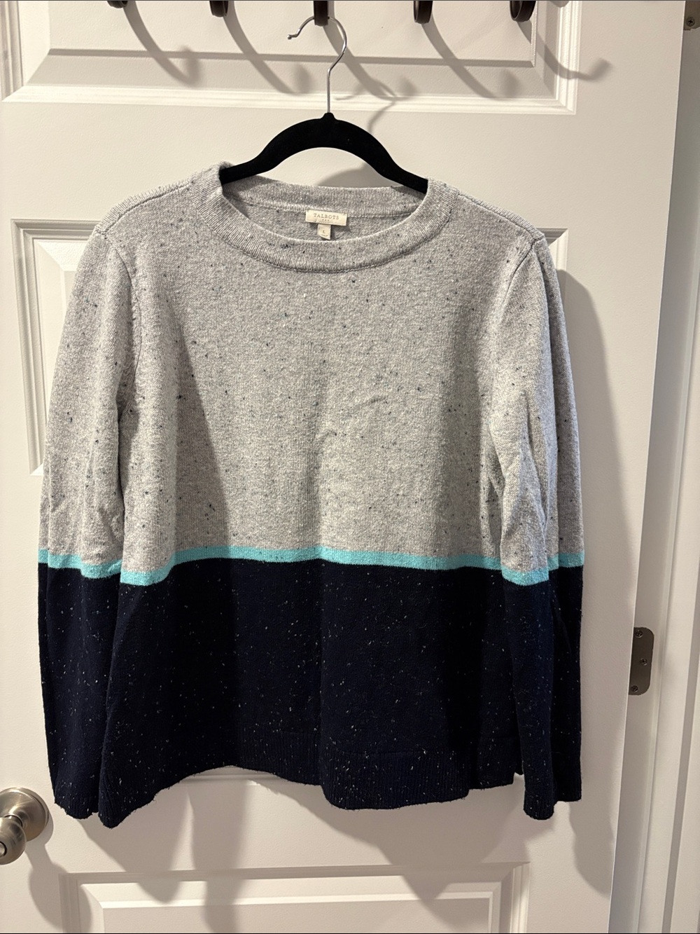 Talbots Light Gray, Navy & Teal Stripe Crewneck Sweater